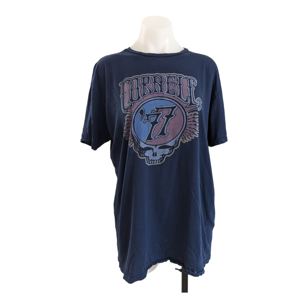 Retrobrand Size Large Cornell 77 Skull Distressed Tee T-Shirt Blue Short Sleeves